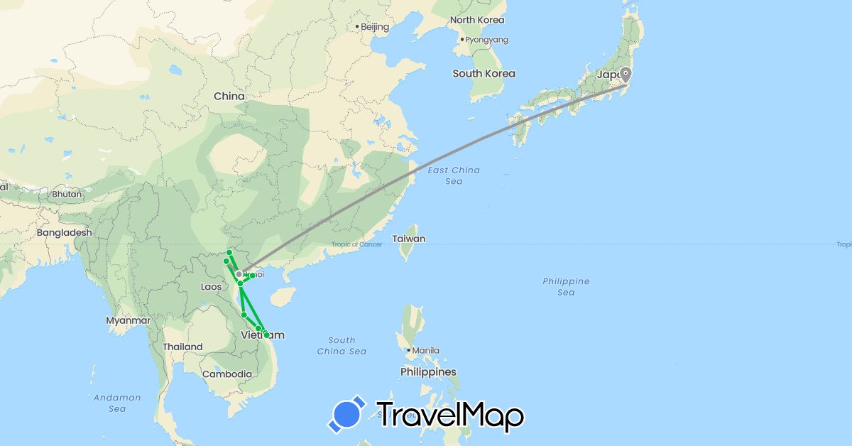 TravelMap itinerary: driving, bus, plane in Japan, Vietnam (Asia)